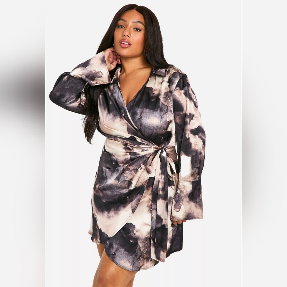 NWT Boohoo Marble Print Wrap Shirt Dress Size 22